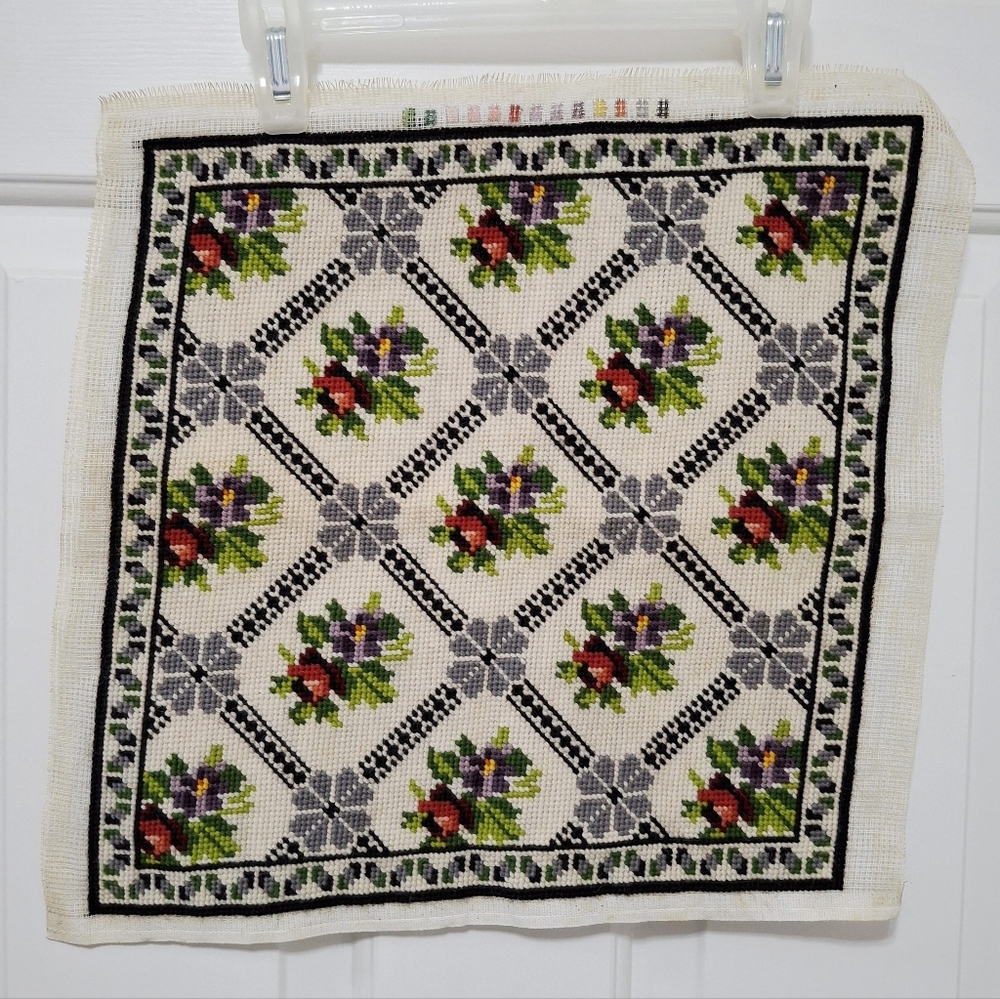 Vintage Handmade Floral Needlepoint For Chair Pillow Framed Wall Hanging